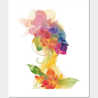 Silhouette Of A Woman In Flowers Posters and Art